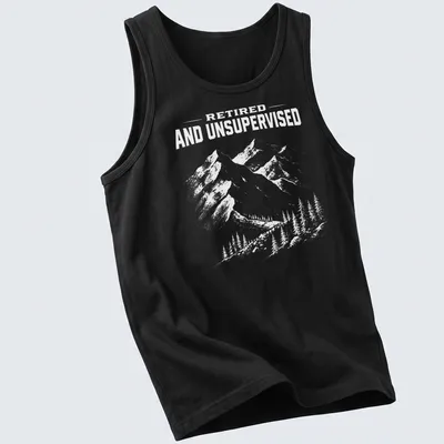 Vintage distressed tee featuring mountains and the phrase Retired And Unsupervised — printed on a tank top