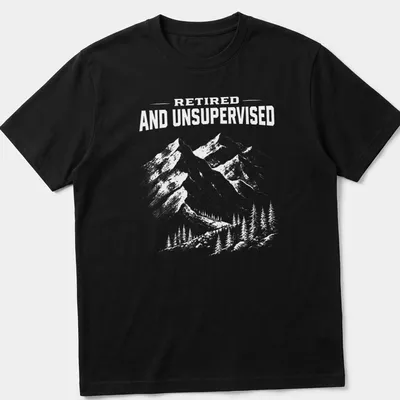 Vintage distressed tee featuring mountains and the phrase Retired And Unsupervised