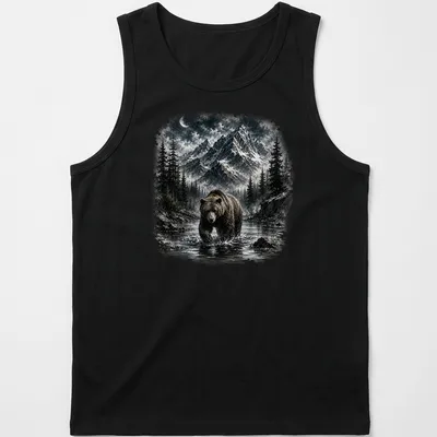Realistic brown bear in a mountain wilderness scene with blue sky — printed on a tank top