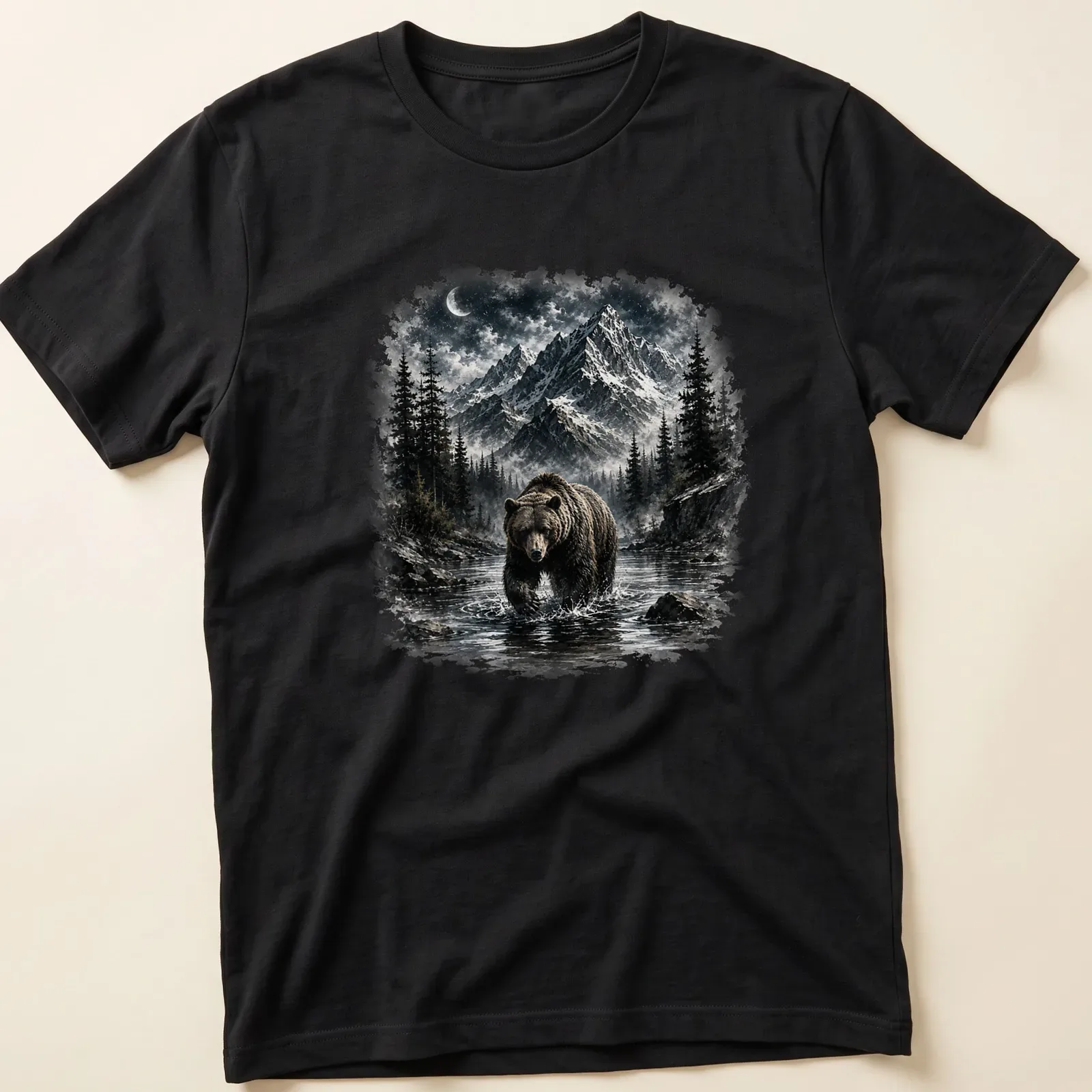 Realistic brown bear in a mountain wilderness scene with blue sky — printed on a unisex t-shirt