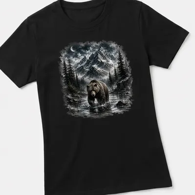 Realistic brown bear in a mountain wilderness scene with blue sky — printed on a women's shirt