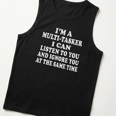 Bold white text humorously stating multitasking skills on light gray T-shirt. — printed on a tank top