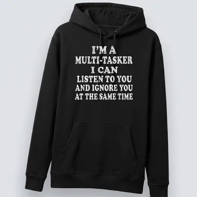 Bold white text humorously stating multitasking skills on light gray T-shirt. — printed on a unisex hoodie