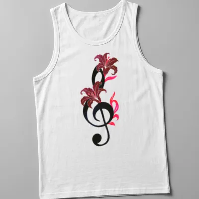 Whimsical design of musical notes intertwined with flowers, featuring 'Symphony In Bloom' text — printed on a tank top