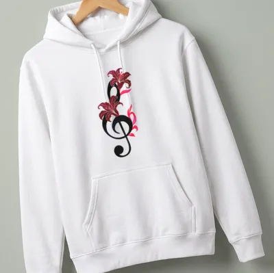 Whimsical design of musical notes intertwined with flowers, featuring 'Symphony In Bloom' text — printed on a unisex hoodie
