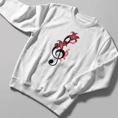 Whimsical design of musical notes intertwined with flowers, featuring 'Symphony In Bloom' text — printed on a unisex sweatshirt
