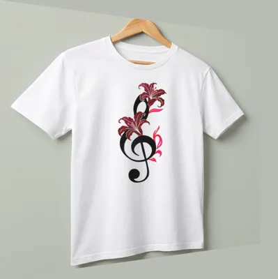 Whimsical design of musical notes intertwined with flowers, featuring 'Symphony In Bloom' text — printed on a unisex t-shirt (angled view)