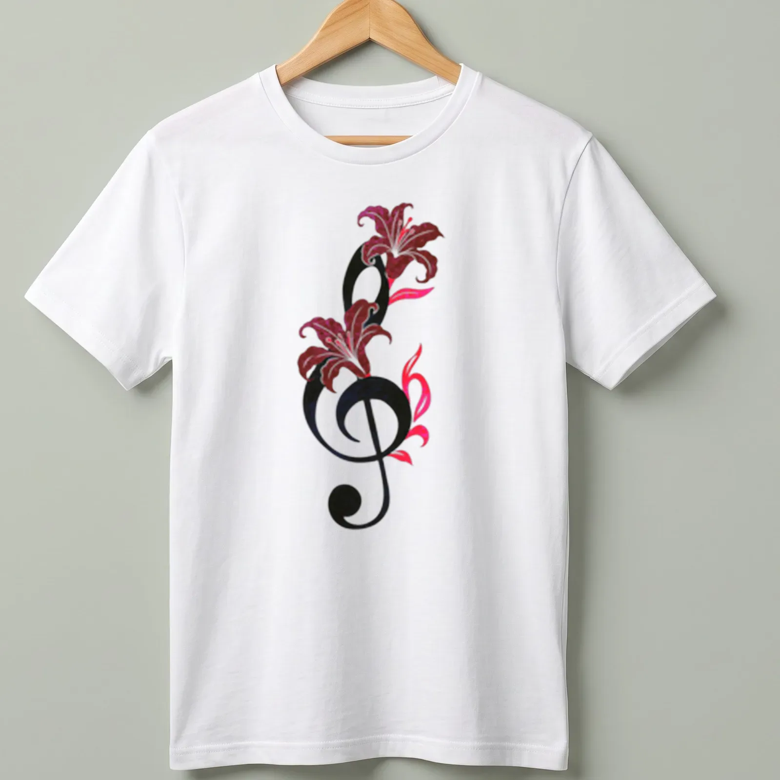 Whimsical design of musical notes intertwined with flowers, featuring 'Symphony In Bloom' text — printed on a unisex t-shirt