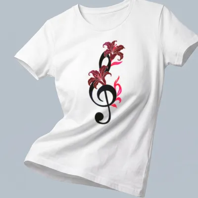 Whimsical design of musical notes intertwined with flowers, featuring 'Symphony In Bloom' text — printed on a women's shirt
