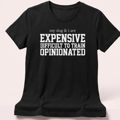 Bold typography t-shirt featuring humorous text about dogs and training. — printed on a women's shirt