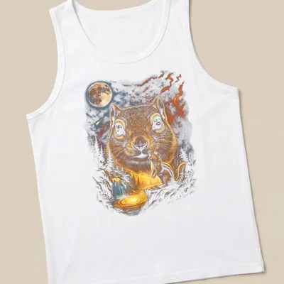 Illustration of a ground squirrel howling at a full moon in earthy colors — printed on a tank top