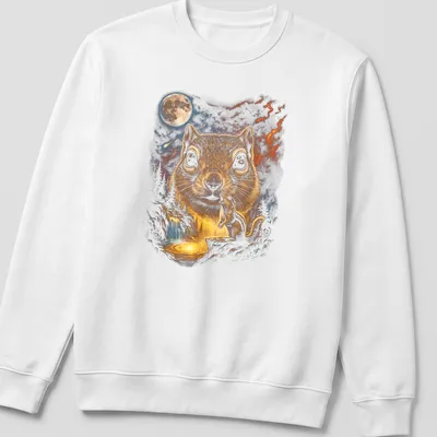 Illustration of a ground squirrel howling at a full moon in earthy colors — printed on a unisex sweatshirt