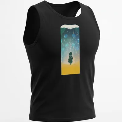 Minimalist Nausicaa silhouette in an enchanted forest with colorful elements — printed on a tank top