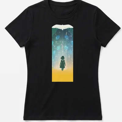 Minimalist Nausicaa silhouette in an enchanted forest with colorful elements — printed on a women's shirt