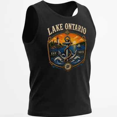 Vintage T-shirt featuring Lake Ontario Established 1615 and nautical anchor design — printed on a tank top