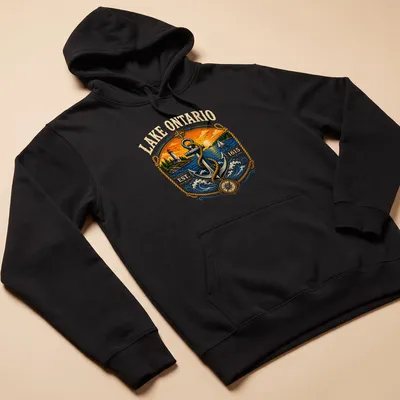 Vintage T-shirt featuring Lake Ontario Established 1615 and nautical anchor design — printed on a unisex hoodie