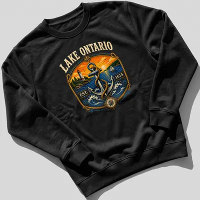 Vintage T-shirt featuring Lake Ontario Established 1615 and nautical anchor design — printed on a unisex sweatshirt
