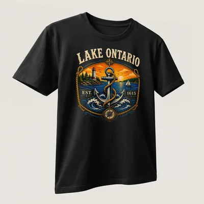 Vintage T-shirt featuring Lake Ontario Established 1615 and nautical anchor design — printed on a unisex t-shirt (angled view)
