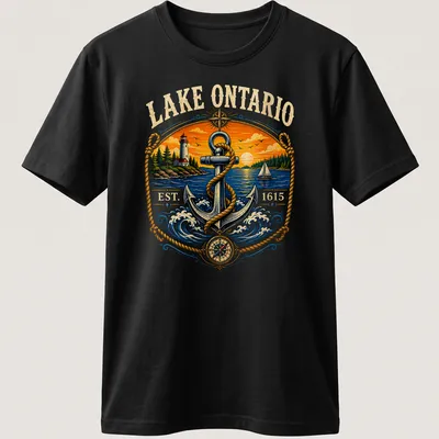Vintage T-shirt featuring Lake Ontario Established 1615 and nautical anchor design