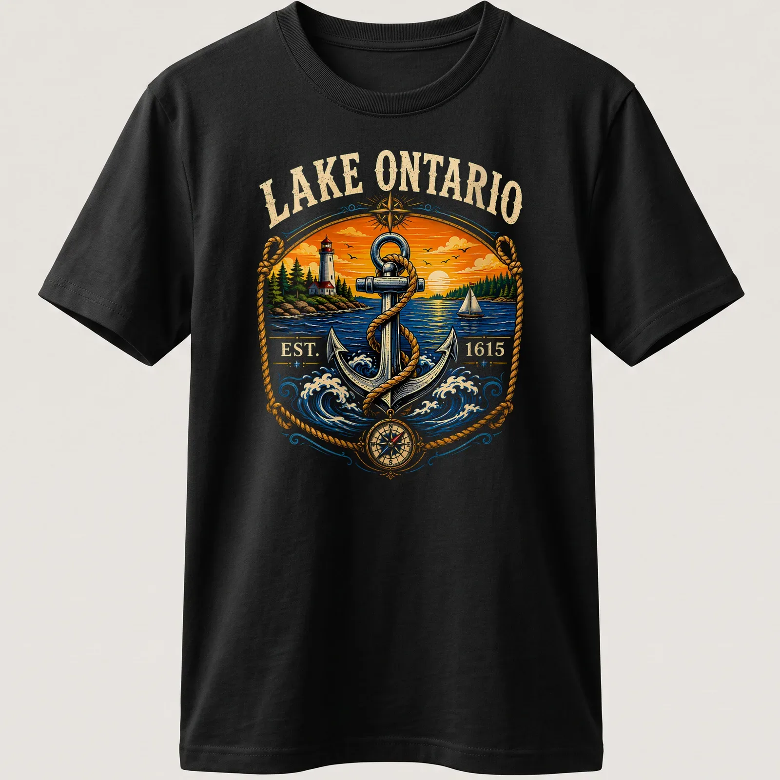 Vintage T-shirt featuring Lake Ontario Established 1615 and nautical anchor design — printed on a unisex t-shirt