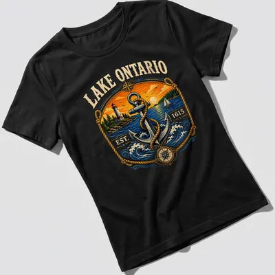 Vintage T-shirt featuring Lake Ontario Established 1615 and nautical anchor design — printed on a women's shirt