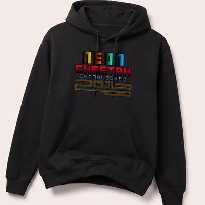 Neon retro cheetah graphic with bold lettering in vibrant colors — printed on a unisex hoodie