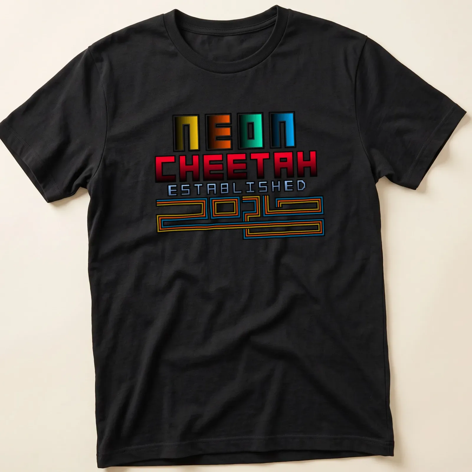 Neon retro cheetah graphic with bold lettering in vibrant colors — printed on a unisex t-shirt