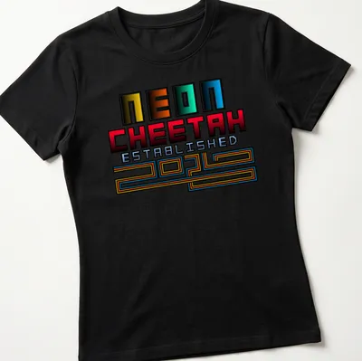 Neon retro cheetah graphic with bold lettering in vibrant colors — printed on a women's shirt