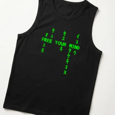 Neon green t-shirt with bold typography stating 'FREE YOUR MIND' — printed on a tank top