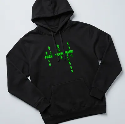 Neon green t-shirt with bold typography stating 'FREE YOUR MIND' — printed on a unisex hoodie