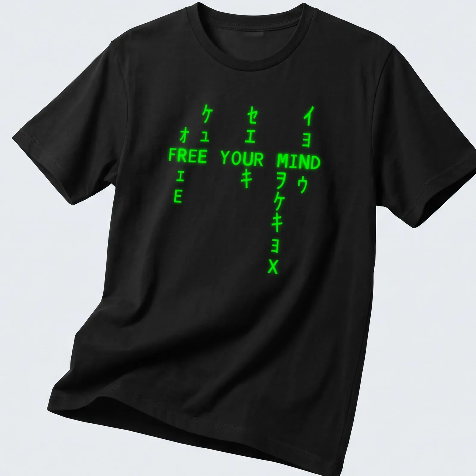 Neon green t-shirt with bold typography stating 'FREE YOUR MIND' — printed on a unisex t-shirt
