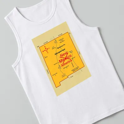 Vintage New Mexico map t-shirt featuring Santa Fe and Albuquerque in yellow, red, and black — printed on a tank top