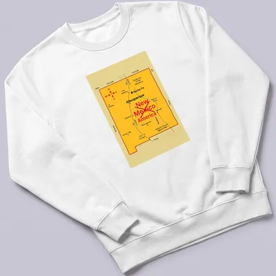 Vintage New Mexico map t-shirt featuring Santa Fe and Albuquerque in yellow, red, and black — printed on a unisex sweatshirt