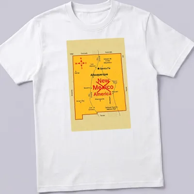 Vintage New Mexico map t-shirt featuring Santa Fe and Albuquerque in yellow, red, and black
