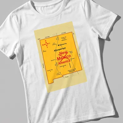 Vintage New Mexico map t-shirt featuring Santa Fe and Albuquerque in yellow, red, and black — printed on a women's shirt