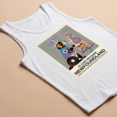 Colorful Newfoundland dog pastry chef illustration with geometric dessert shapes — printed on a tank top