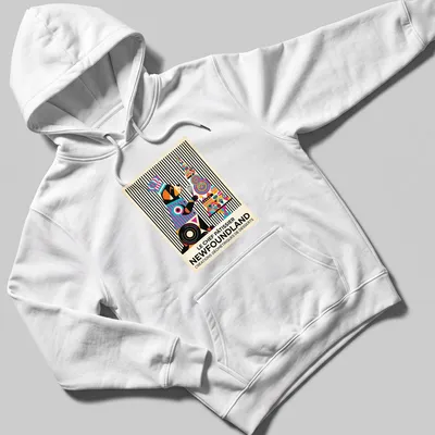 Colorful Newfoundland dog pastry chef illustration with geometric dessert shapes — printed on a unisex hoodie