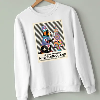 Colorful Newfoundland dog pastry chef illustration with geometric dessert shapes — printed on a unisex sweatshirt