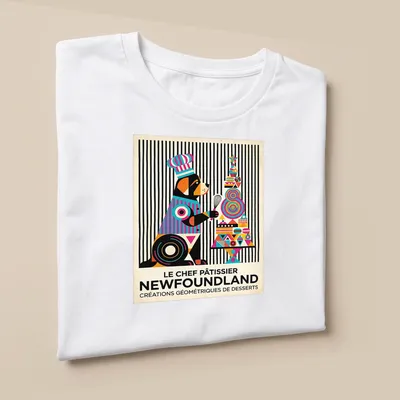 Colorful Newfoundland dog pastry chef illustration with geometric dessert shapes — printed on a unisex t-shirt (angled view)