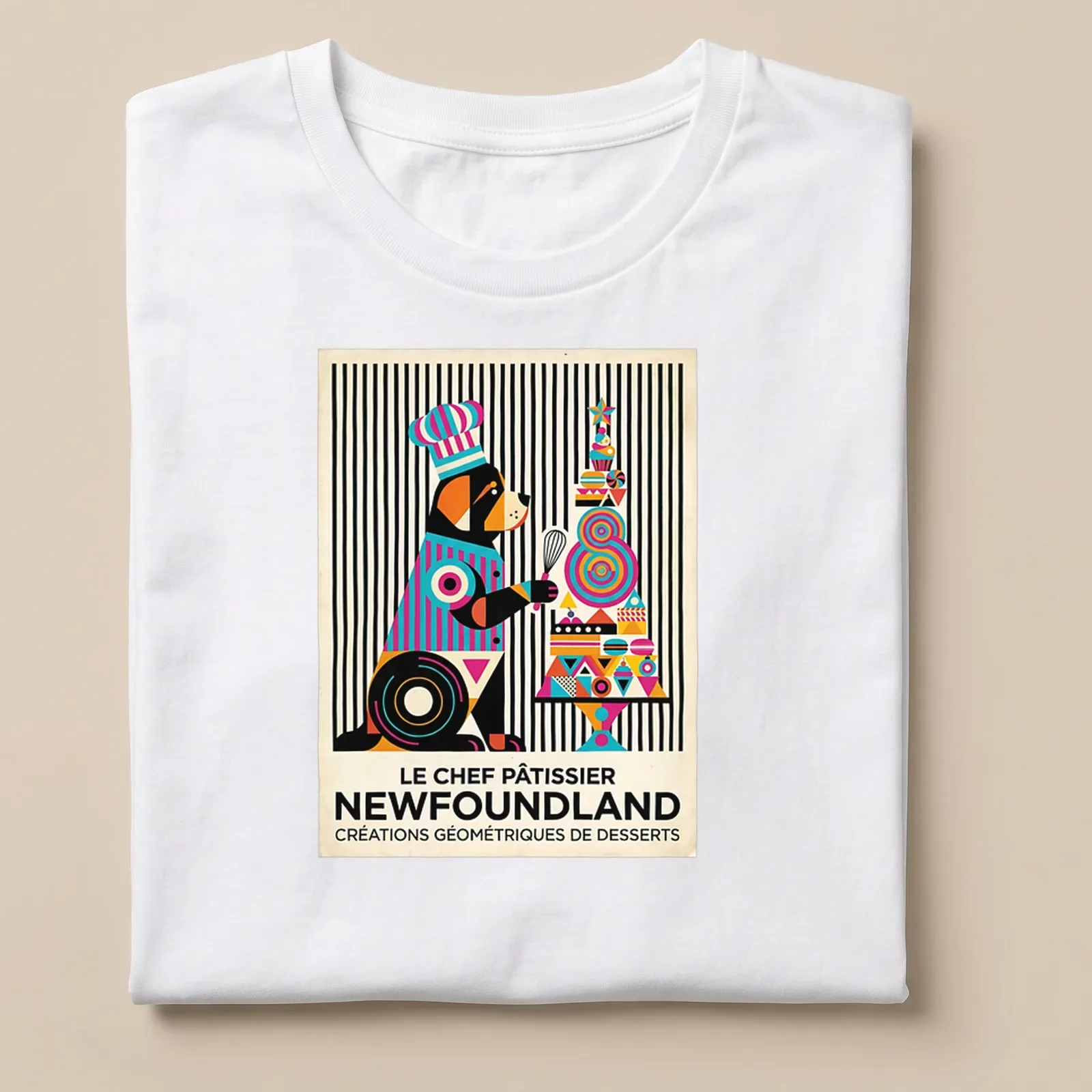 Colorful Newfoundland dog pastry chef illustration with geometric dessert shapes — printed on a unisex t-shirt
