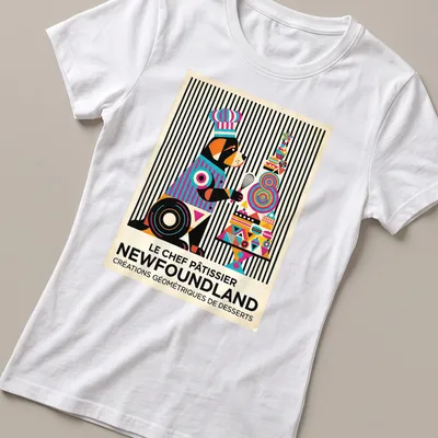 Colorful Newfoundland dog pastry chef illustration with geometric dessert shapes — printed on a women's shirt