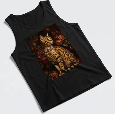 Realistic portrait of a Bengal cat wearing an emerald pearl choker — printed on a tank top