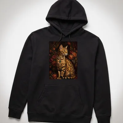 Realistic portrait of a Bengal cat wearing an emerald pearl choker — printed on a unisex hoodie
