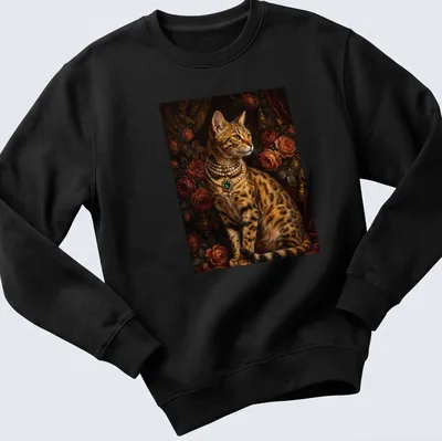 Realistic portrait of a Bengal cat wearing an emerald pearl choker — printed on a unisex sweatshirt