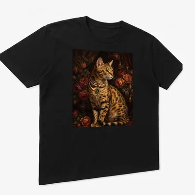 Realistic portrait of a Bengal cat wearing an emerald pearl choker — printed on a unisex t-shirt (angled view)