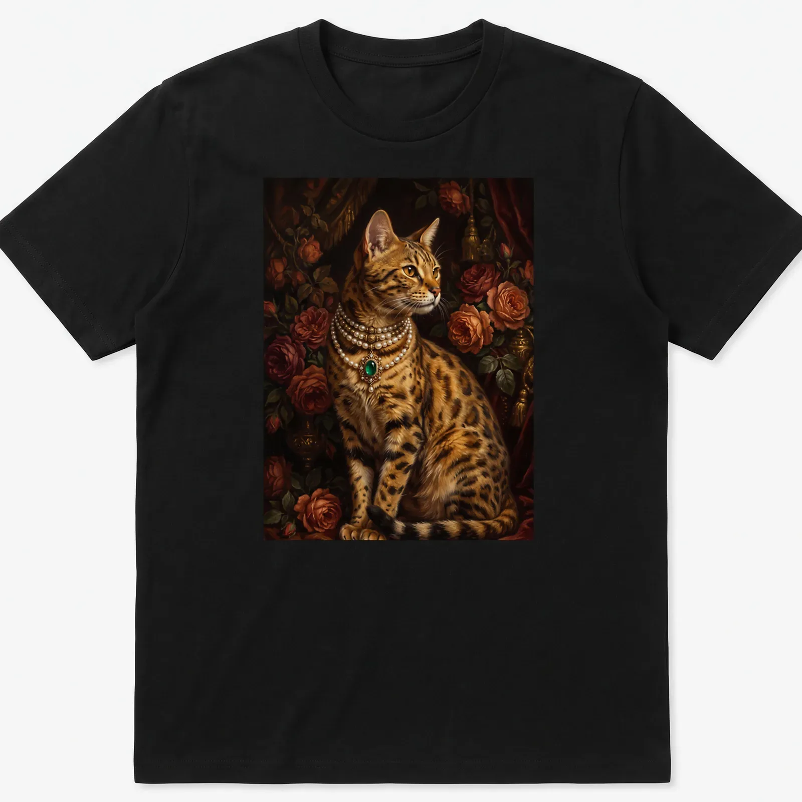 Realistic portrait of a Bengal cat wearing an emerald pearl choker — printed on a unisex t-shirt
