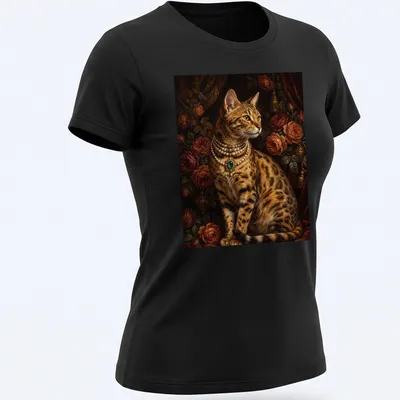 Realistic portrait of a Bengal cat wearing an emerald pearl choker — printed on a women's shirt