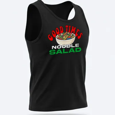 Colorful cartoon print of a bowl of noodle salad with text "GOOD TIMES NOODLE SALAD" — printed on a tank top