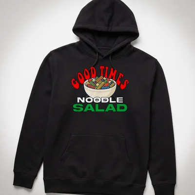 Colorful cartoon print of a bowl of noodle salad with text "GOOD TIMES NOODLE SALAD" — printed on a unisex hoodie