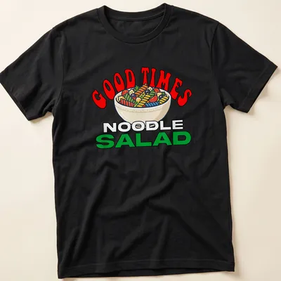 Colorful cartoon print of a bowl of noodle salad with text "GOOD TIMES NOODLE SALAD"